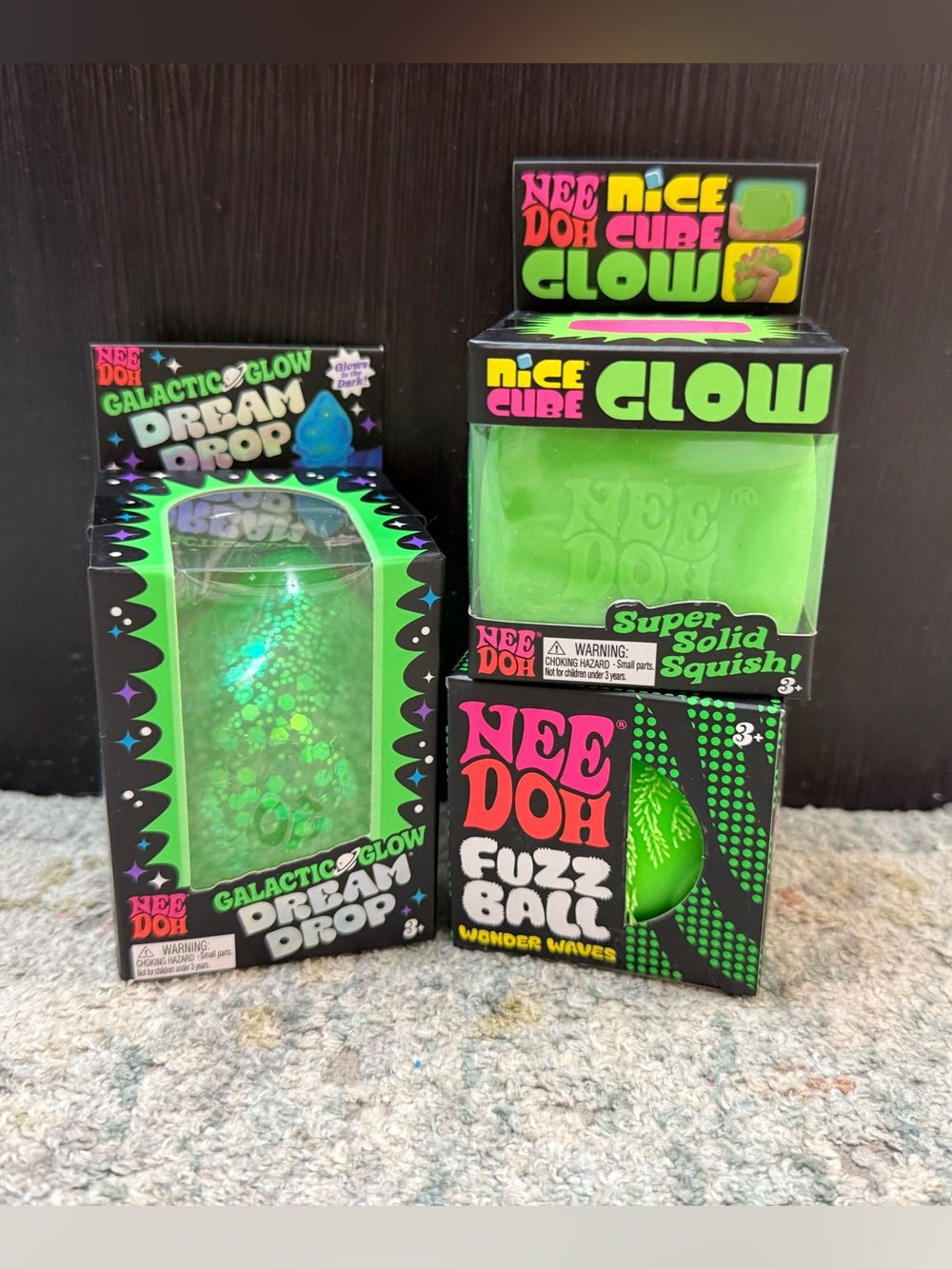 Green NeeDoh Bundle. NiceCube glow, Fuzz Ball & Galactic Glow Dream Drop